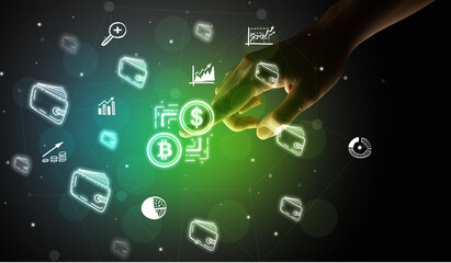 Businessman finger touching on screen multimedia interface with hand drawn currency icons