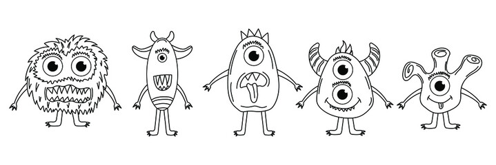Funny and cute Alien monster with three eyes for kids. Imaginary creature for children coloring book, black and white outline fantasy cartoon for coloring pages. © Rina Design