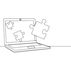 Continuous line drawing laptop computer with puzzle pieces business solution concept