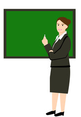 Young female teacher wearing suit holding chalk near blackboard with copy space. School, college, university professor.  Flat illustration.