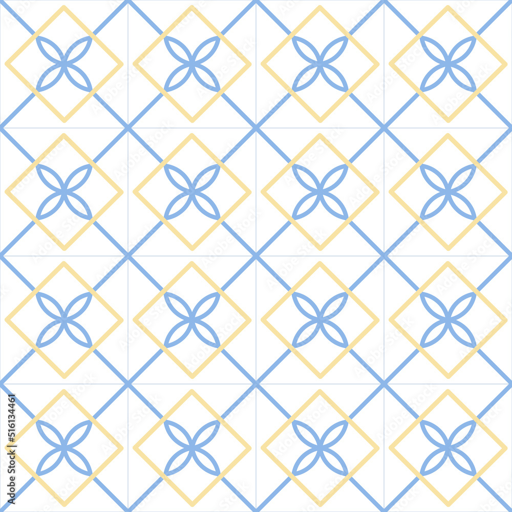 Wall mural Traditional ancient greek or mediterranean ornament with square tiles, blue and yellow elements. Vector abstract seamless pattern. - Wall murals