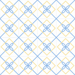 Traditional ancient greek or mediterranean ornament with square tiles, blue and yellow elements. Vector abstract seamless pattern.