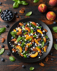 Peach, blueberry salad with vegetables, feta cheese and pecan nuts. Healthy summer food