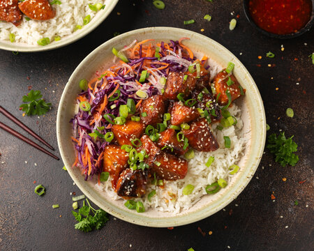 Vegan fried tempeh with rice and vegetables. Asian healthy food