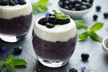 Healthy vanilla blueberry chia pudding in a glass with fresh berries