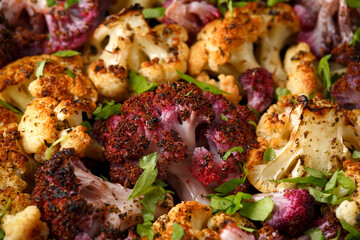 Roasted purple, white cauliflower with herbs on baking paper
