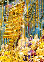 Gold Jewelry at the Egyptian Bazaar and the Grand Bazaar in Istanbul, Turkey (Turlkiye). Close up view, selected focus, copy space