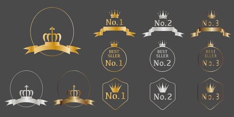 Set of Crown and Gold frames. Gold decorative icon collection. Best seller, label, tag and logo and gold emblem design elements.  Vector illustration.