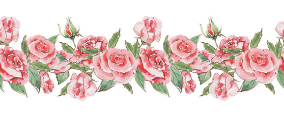 Repeating floral motif. Seamless floral border delicate flowers of pink roses. Blooming garden roses with leaves and buds. Hand drawn watercolor illustration for wallpaper, fabric, texture.