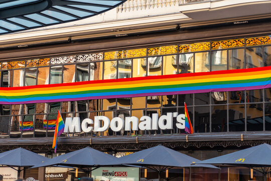 Mcdonalds decorated in the gay pride party Madrid in the gran via