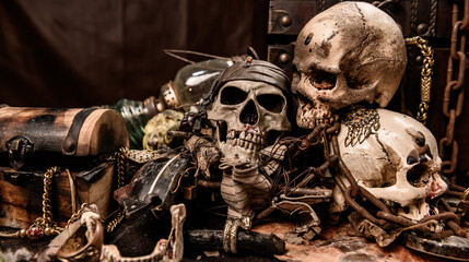 Pirate with human skull. Treasure chest and gold. Discovery equipment and explorer for disappear...