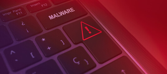 Banner of malware warning keyboard. Cyber security data protection business technology.