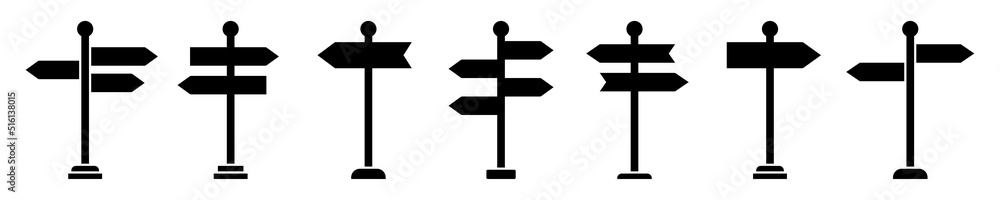 Poster set with black signpost vector icons on white background. direction road or street sign. guidepost o