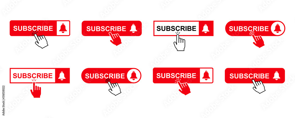 Aufkleber set with red subscribe button. subscription on video channel. subscribe button with bell and finger 