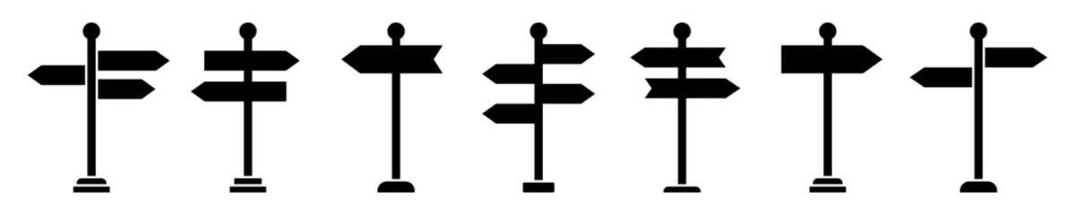 Set with black signpost vector icons on white background. Direction road or street sign. Guidepost or way arrow.