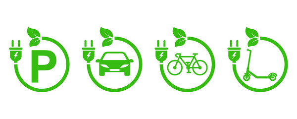 Charging stations vector icons. Charging for bicycle, car and electric scooter. Point eco recharge energy. Green parking. - obrazy, fototapety, plakaty