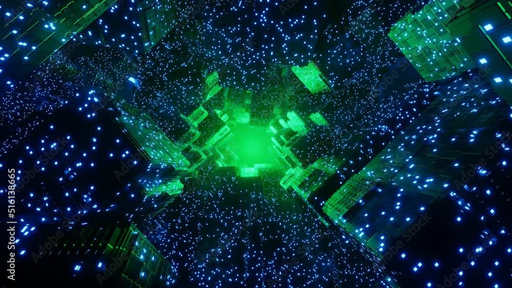 Wall mural flying through sci-fi futuristic alien space tunnel neon glowing lights. looping animation of the fu
