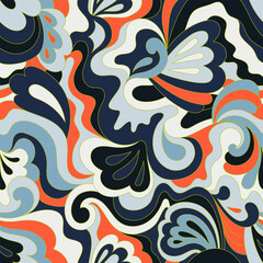 Hippie psychedelic seamless pattern. Vector nostalgic retro 60s groovy print. Vintage wavy background. Textile and surface design with old fashioned hand drawn naive geometric print