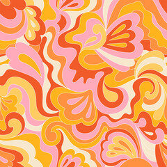 Hippie psychedelic seamless pattern. Vector nostalgic retro 60s groovy print. Vintage wavy background. Textile and surface design with old fashioned hand drawn naive geometric print