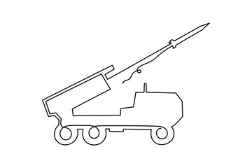 Multiple launch rocket system HIMARS,one line art.Military combat vehicle firing rockets and shells,continuous contour.War equipment,missile tactical artillery,heavy machinery.Editable stroke.Vector