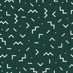 White memphis design seamless pattern with green background.