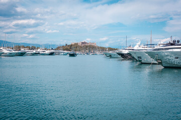 Beautiful port Vauban with a fortification and boats in Antibes, France - 516139284