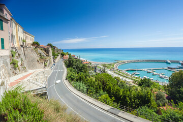 View from Ventimiglia alta on Mediterranean sea and small port - 516139299