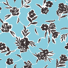 Botanical vector background with painted flowers. Hand drawn meadow wallpaper. Floral kintsugi styled seamless pattern. Craftdrawn retro fashion print for fabric, paper, home textile and goods.