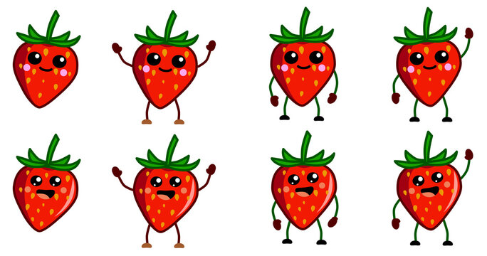 Cute kawaii style strawberry fruit icon - large eyes, smiling. Version with hands raised, down and waving