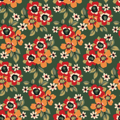 Seamless floral pattern in natural colors. Beautiful ditsy print, trendy botanical background with small hand drawn flowers, leaves on a green field. Vector illustration.