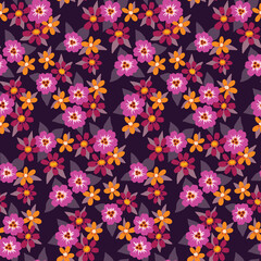Seamless floral pattern, liberty ditsy print with small flowers, leaves in purple. Beautiful botanical background with decorative meadow, tiny hand drawn plants on dark field. Vector illustration.