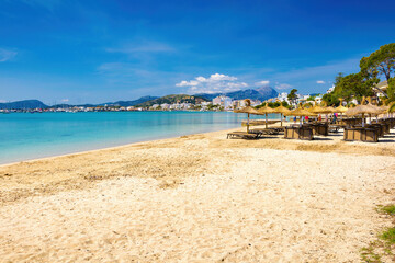 Panoramic view of Albercutx Beach in the port of Pollença, Majorca Island, Balearic Islands, Spain