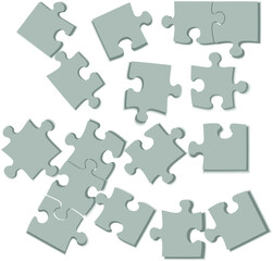 Puzzle pieces on a white background. Square grid of puzzle pieces. Business background. Copy space for text, top view, closeup.