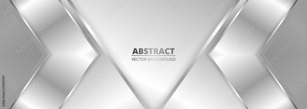 Aufkleber Wide luxury abstract background with silver gradient lines triangle arrows and shadows. Modern light silver color wide metallic banner with angles. Futuristic geometric vector abstract backdrop.