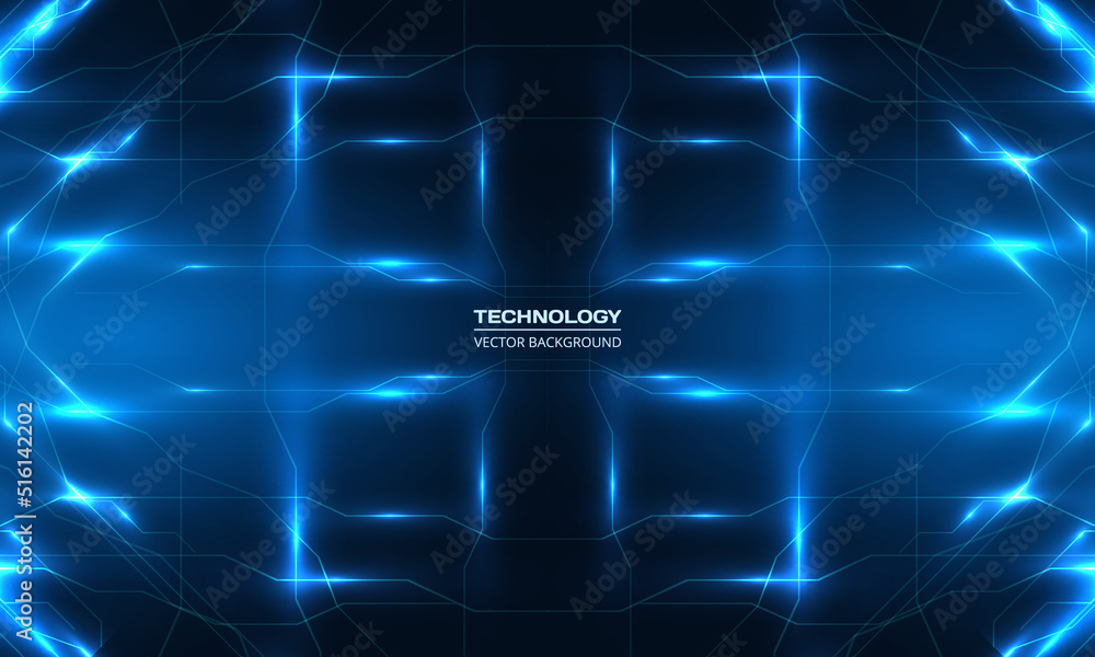 Poster Abstract technology background. Digital technology background with blue lines and light rays effect. Ai tech futuristic virtual reality cyberspace background. Vector illustration