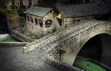 Mostar, Bosnia and Herzegovina. The Old Bridge, Stari Most, with emerald river Neretva