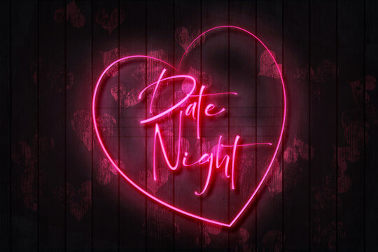 Date Night neon sign on a Dark Wooden Wall 3D illustration with Red heart background.