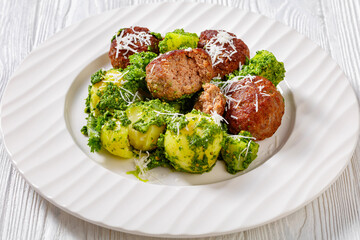 finnish beef meatballs with potatoes and pesto