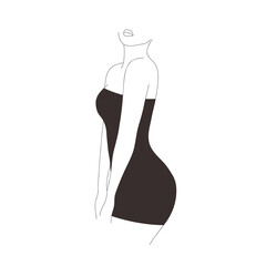 Linear female figure. Elegant faceless lady in black dress. Graceful woman silhouette. Minimalistic hand drawn vector illustration. Trendy logo for boutique, shop, beauty salon.