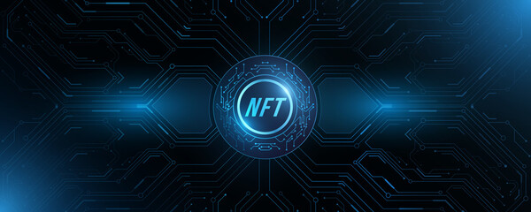 NFT nonfungible tokens cover. Blue HUD elements glowing with computer circuit board. DeFi concept. Futuristic hi-tech banner. Modern technology background - obrazy, fototapety, plakaty