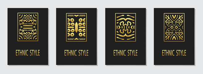 Cover set, vertical vector templates. Collection of black backgrounds with geometric gold pattern. Logo, monogram. Tribal ethnic style of East, Asia, India, Mexico, Aztecs, Peru.