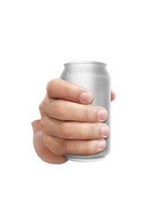 Man holding aluminum can with water droplets isolated on white background