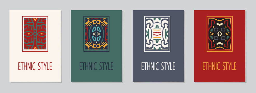 Cover set, vertical vector templates. Collection of backgrounds with geometric minimalist pattern. Logo, monogram. Tribal ethnic style of East, Asia, India, Mexico, Aztecs, Peru.