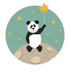 Panda on the moon for nursery room. Flat, cartoon, vector