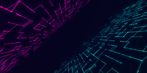 Digital database cyberspace. Decoding algorithms hacked software. Cyber security with moving particles. Big data visualization. 3d rendering.