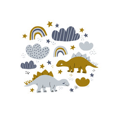 Poster spot illustration with dinosaurs, rainbows, clouds on white. Baby boy dino poster design