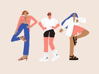 Vector illustration of stylish women in fashionable clothing on beige background. Fashion bloggers characters concept. Stylish modern women. Parisian style. Girl power
