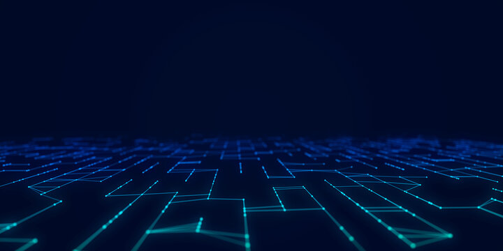 Digital database cyberspace. Decoding algorithms hacked software. Cyber security with moving particles. Big data visualization. 3d rendering.