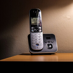 Schnurloses Telefon mit Anrufbeantworter auf einem Schrank am Abend