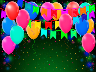 Holiday decorations with balloons of different colors and flags with confetti on a dark background.
